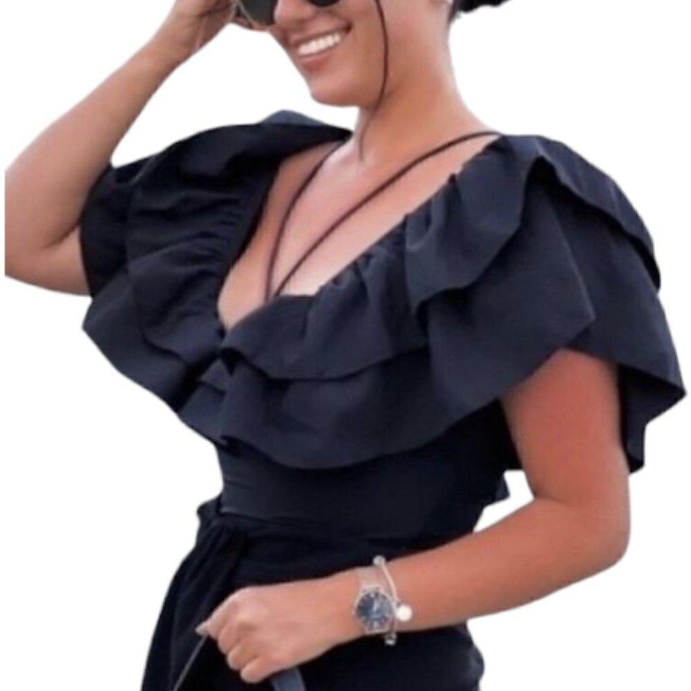 ZARA Fashion Maxi Ruffle V Neck Black Swimsuit Size S Bloggers Fave Holiday NWT